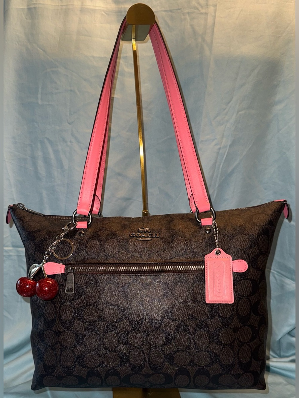 Coach F79609 Gallery Tote in Signature Canvas, with Pink Trim and Cherry Charm - Picture 2 of 13